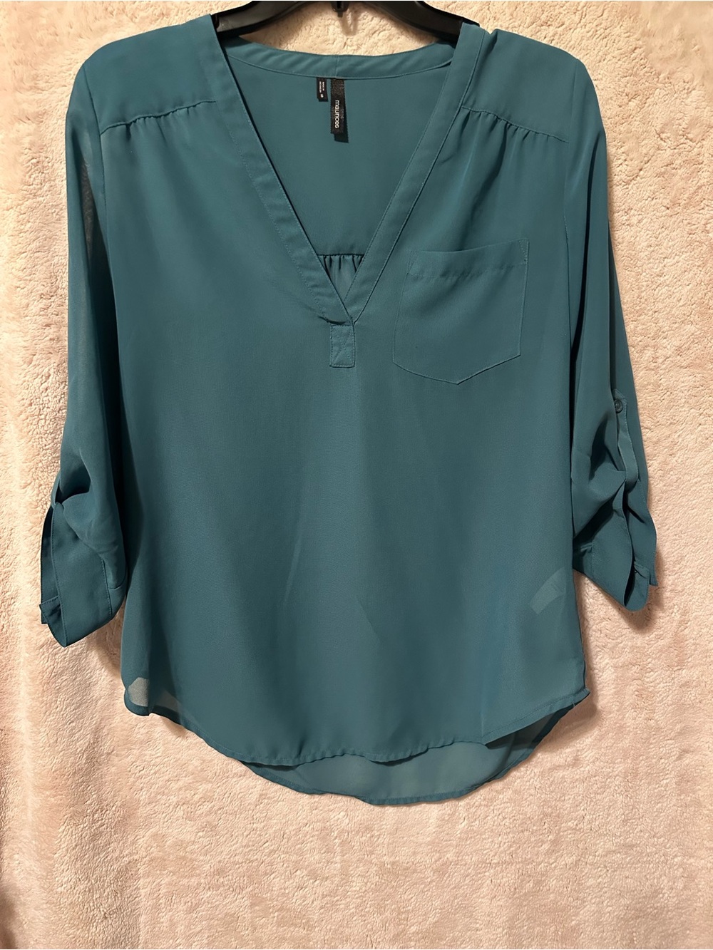 Maurices Teal V-Neck Roll-Tab Blouse